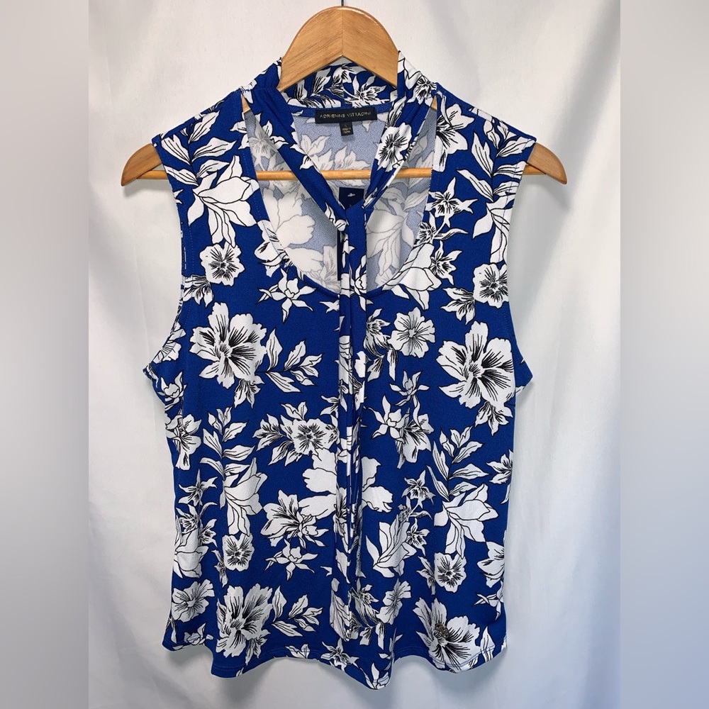NWT Adrienne Vittadini Blue & White Floral Sleeveless Tie Shirt Size Large